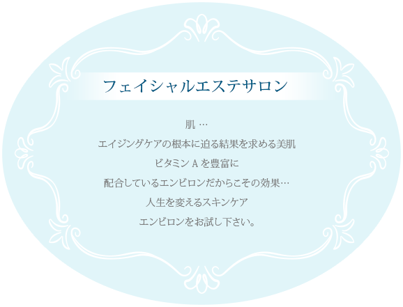 フェイシャルエステサロン 肌 … エイジングケアの根本に迫る結果を求める美肌 ビタミンAを豊富に配合しているエンビロンだからこその効果…人生を変えるスキンケアエンビロンをお試し下さい。